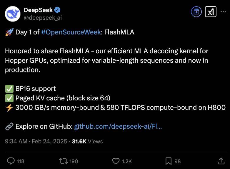 “源神”DeepSeek！突破H800性能上限，FlashMLA重磅开源，算力成本还能降
